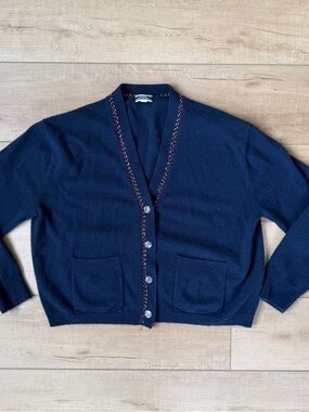 J Crew 100% Cashmere Button Up Navy Cardigan Size Large V Neck Embroidered